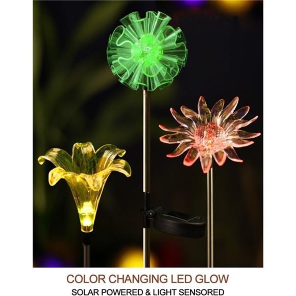 Set of 3 LED Solar Stake Lights Color Changing -Outdoor Multi Color Solar Flower - Picture 3 of 6